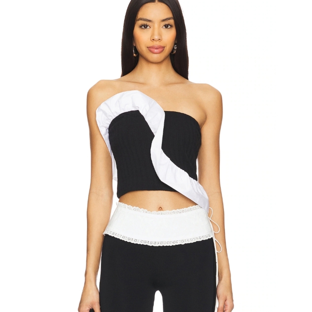 Free People Jagger Knit Black White Ruffle Tube Top Size XL‎ New